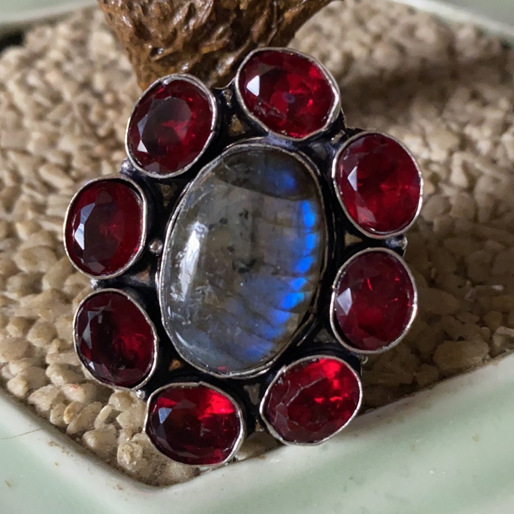 Vintage 925 labradorite garnet ring - Picture 2 of 7
